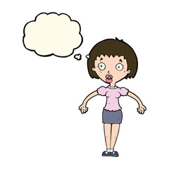 cartoon confused woman shrugging shoulders with thought bubble
