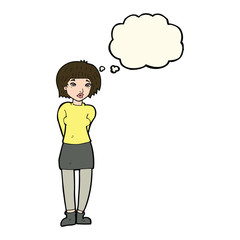 cartoon shy woman with thought bubble