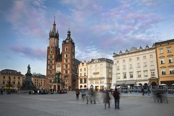Evening at Krakow main square with the church view