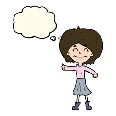 cartoon happy girl giving thumbs up symbol with thought bubble