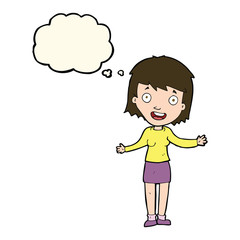 cartoon excited woman with thought bubble