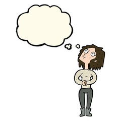 cartoon woman looking upwards with thought bubble