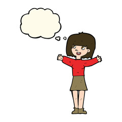 cartoon excited woman with thought bubble