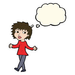 cartoon woman with no worries with thought bubble