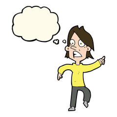 cartoon worried man pointing with thought bubble