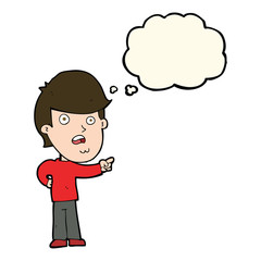 cartoon shocked man pointing with thought bubble