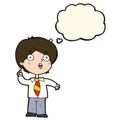 cartoon schoolboy answering question with thought bubble