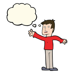 cartoon worried man reaching with thought bubble