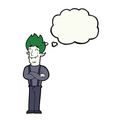 cartoon happy vampire man with thought bubble