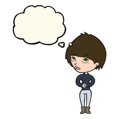 cartoon woman considering with thought bubble