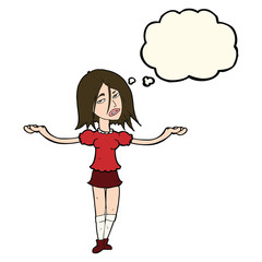 cartoon woman shrugging shoulders with thought bubble