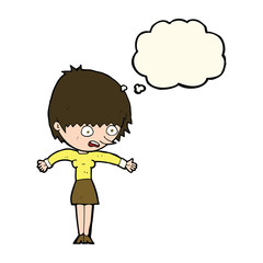 cartoon woman panicking with thought bubble