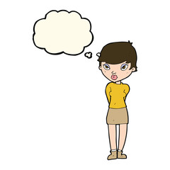 cartoon shy woman with thought bubble