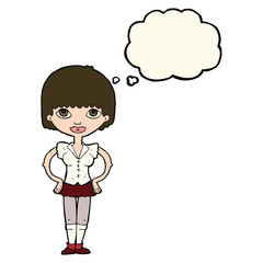 cartoon woman with hands on hips with thought bubble