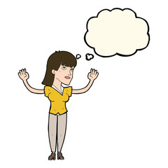 cartoon woman throwing hands in air with thought bubble