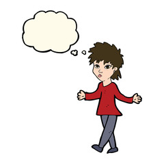 cartoon woman shrugging shoulders with thought bubble