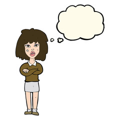 cartoon tough woman with folded arms with thought bubble