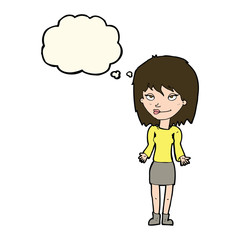 cartoon woman shrugging shoulders with thought bubble
