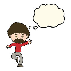 cartoon mustache man disco dancing with thought bubble