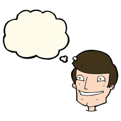 cartoon grinning man with thought bubble