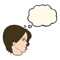 cartoon staring woman with thought bubble