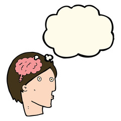 cartoon man with brain symbol with thought bubble