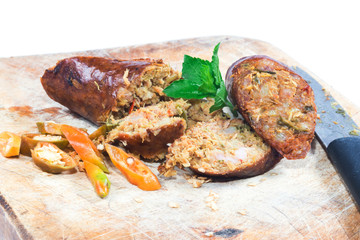 smoked sausage against on white background, Local cuisine of northern Thailand
