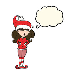 cartoon santa's helper woman with thought bubble