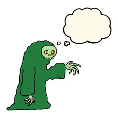 cartoon spooky halloween costume with thought bubble