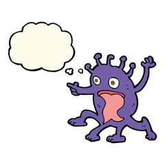 cartoon weird little alien with thought bubble