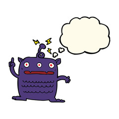 cartoon weird little alien with thought bubble
