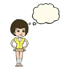 cartoon pretty woman with hands on hips with thought bubble