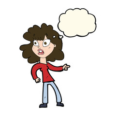 cartoon worried woman pointing with thought bubble