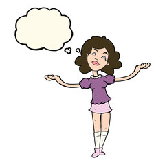 cartoon woman taking praise with thought bubble