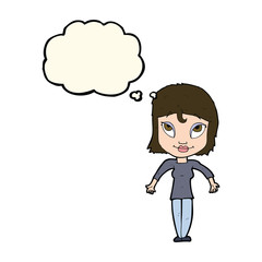 cartoon girl shrugging shoulders with thought bubble