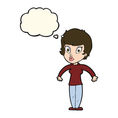 cartoon woman shrugging shoulders with thought bubble