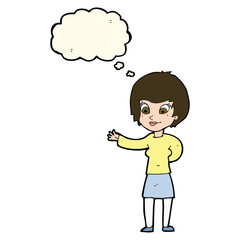 cartoon welcoming woman with thought bubble