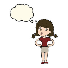cartoon pretty girl with hands on hips with thought bubble