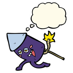 cartoon funny firework character with thought bubble