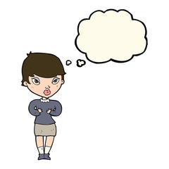 cartoon woman gesturing at self with thought bubble