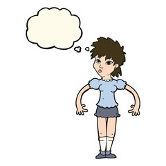 cartoon curious woman with thought bubble
