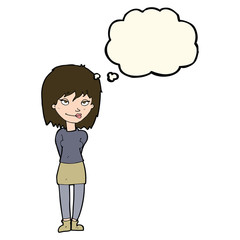 cartoon happy woman with thought bubble