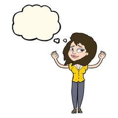 cartoon woman giving up with thought bubble