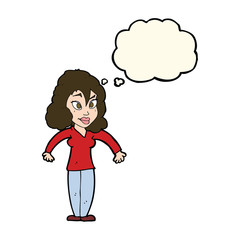 cartoon woman shrugging shoulders with thought bubble