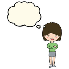 cartoon happy woman with thought bubble