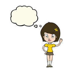 cartoon pretty girl waving with thought bubble