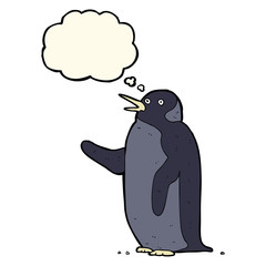 cartoon penguin waving with thought bubble