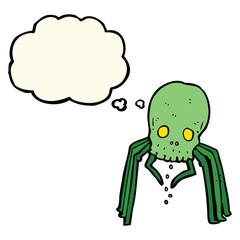 cartoon spooky skull spider with thought bubble