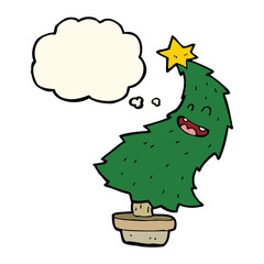 cartoon dancing christmas tree with thought bubble