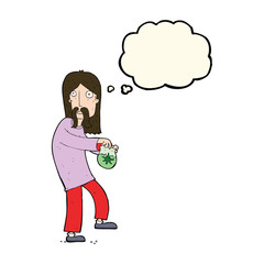 cartoon hippie man with bag of weed with thought bubble